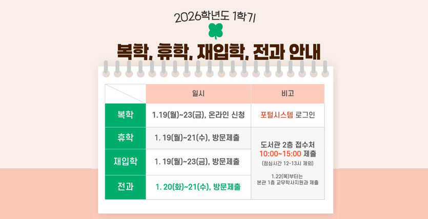 2026학년도 1학기 복학 휴학 재입학 전과 안내. 복학: 1.19(월)-23(금) 온라인신청. 휴학:1.19(월)-21(수) 방문제출, 재입학: 1.19(월)-23(금) 방문제출. 전과: 1.19(월)-20(화) 방문제출