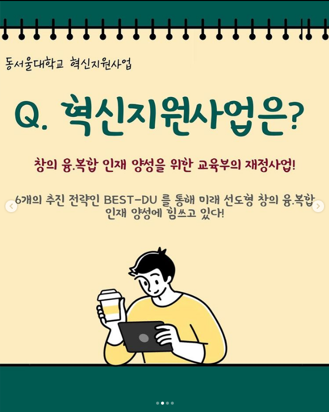 동서울대학교 혁신지원사업 Q. 혁신지원사업은? 창의 융.복합 인재 양성을 위한 교육부의 재정사업! 6개의 추진 전략인 BEST-DU를 통해 미래 선도형 창의 융.복합 인재 양성에 힘쓰고 있다!