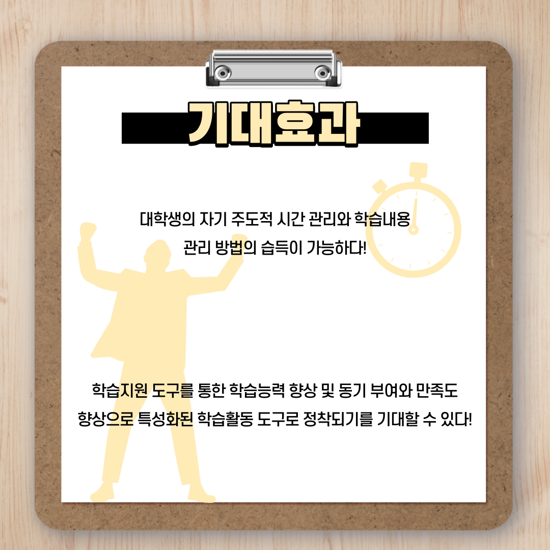 기대효과 : 대학생의 자기 주도적 시간 관리와 학습내용 관리 방법의 습득이 가능하다! 학습지원 도구를 통한 학습능력 향상 및 동기 부여와 만족도 향상으로 특성화된 학습활동 도구로 정착되기를 기대할 수 있다!